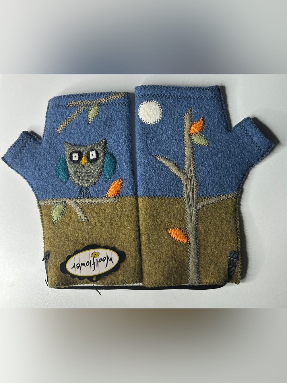 🦉 Woolflower Fingerless Gloves Woodland Owl Wool Appliqué NWT